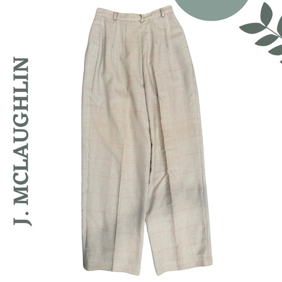 J. McLaughlin Wide-Leg Wool Blend  Trousers | Cream Taupe Plaid | Lined | Size 2 - Picture 3 of 6